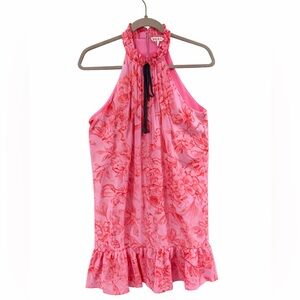 TCEC Pink and Red Floral Halter Dress with Ruffle Neck